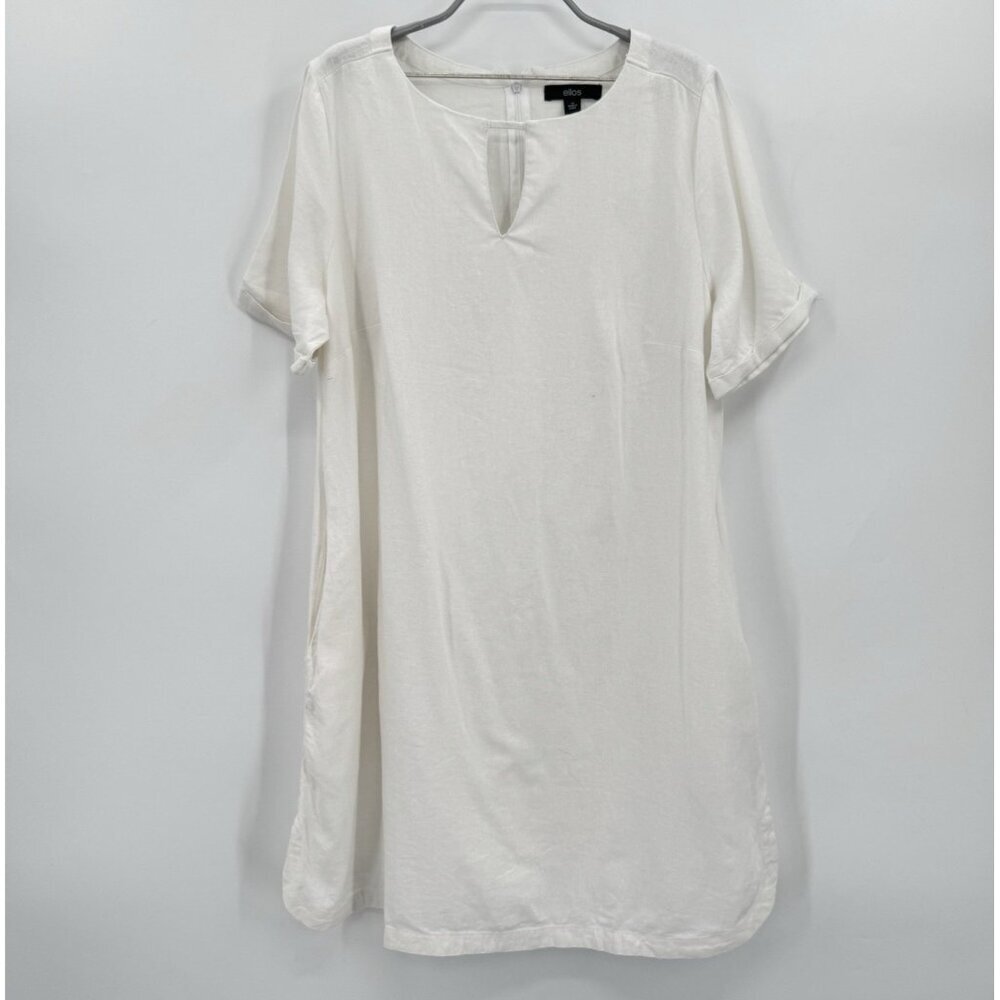 Ellos White Short Sleeve Linen Shift Dress size 14